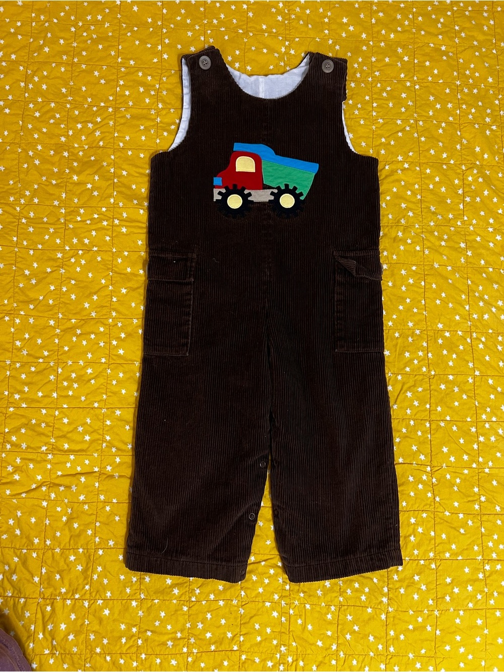 Kelly's Kids Brown Corduroy Overalls with Multicolor Truck Applique
